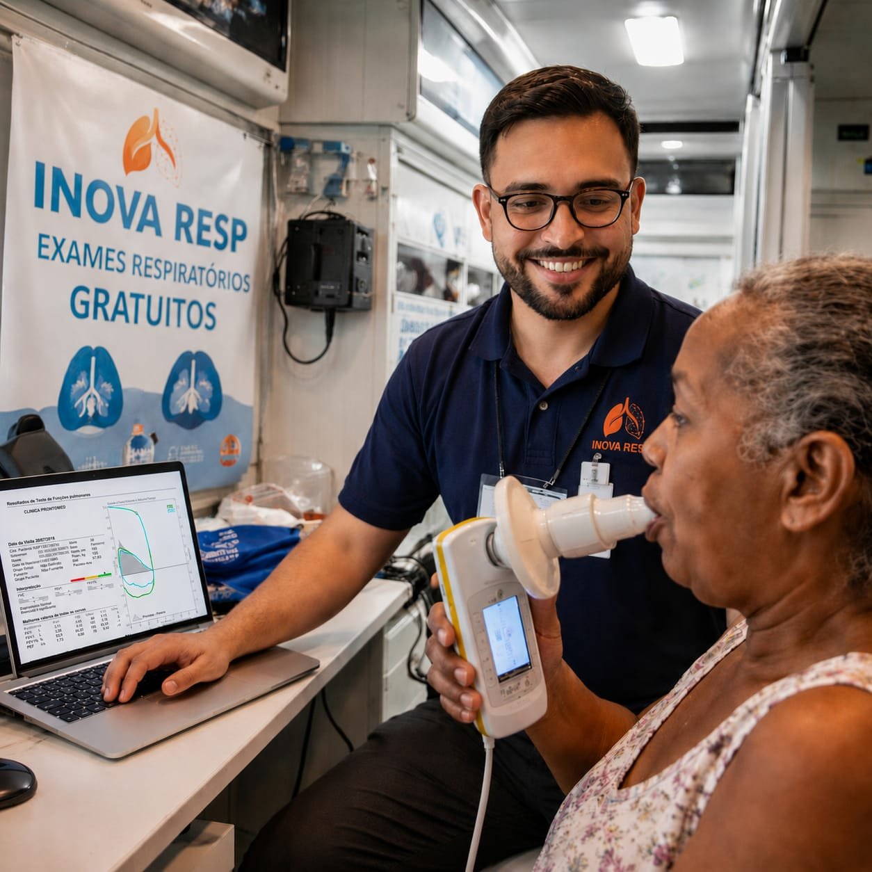 Técnico da Inova Respi realizando atendimento em unidade itinerante