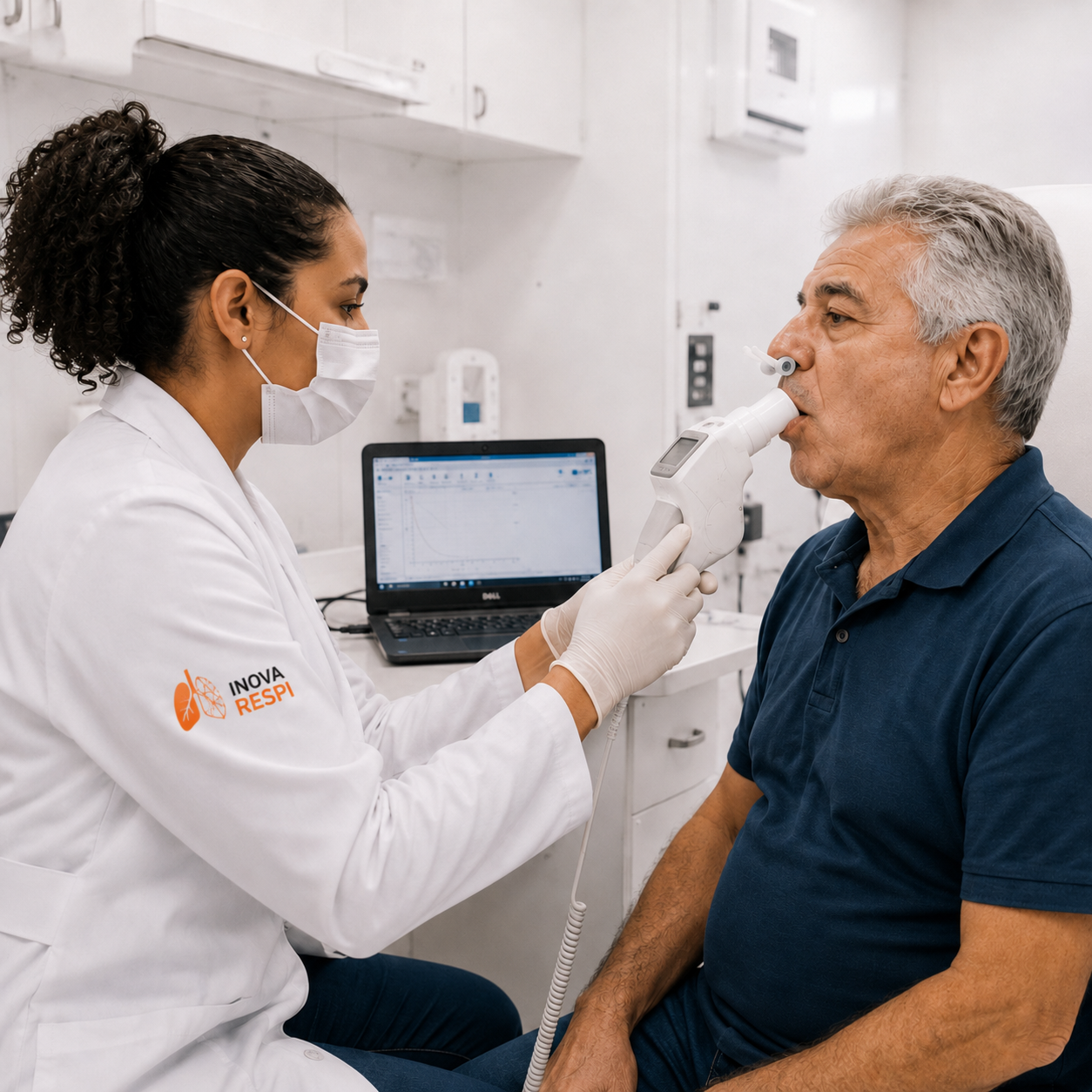 Técnico realizando espirometria em paciente